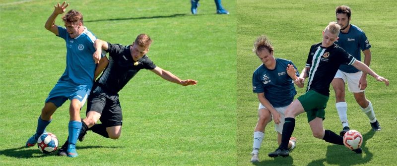 links: Am ersten Spieltag trafen in der 2. Amateurliga Mals (schwarz) und Goldrain aufeinander; rechts: In der 3. Amateurliga besiegte Laas (grün-schwarz) am ersten Spieltag die Mannschaft aus Kortsch