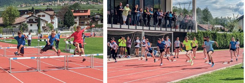 Gabriel Niederfriniger (Mitte) beim 60 m Hürdensprint; rechts: Frei Rania (blau) beim 80 m Sprint