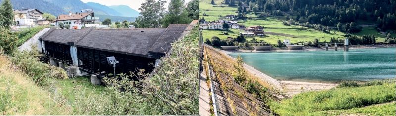 Der Kanal quert unterirdisch das Dorf St. Valentin, geht bis zum Wasserschloss bei Tartsch und das Wasser schießt dann im eigentlichen Druckstollen auf die Turbinen im E-Werk von Schluderns; rechts der Reschenstausee, dessen Wasserstand bis Ende Oktober soweit gesenkt sein wird, dass eine Kanalinspektion möglich sein wird.