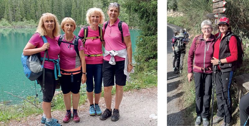 links: Wanderfrauen in rosa. v. l. Erna Marseiler, Olga Fliri, Heidi Warger und Marialuise Stecher rechts v. l. die Organisatorinnen Maria Luise Stecher und Regina Gardetto