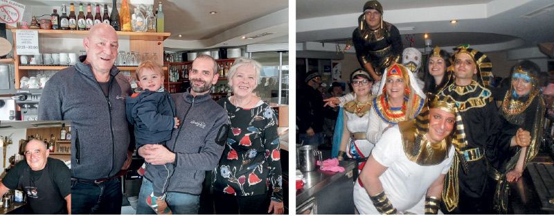 v. l. Edy Luca sen. (kleines Bild), Daniele, Klein-Edy, Dario und Mutter Margherita Prieth; rechts: alljährliches Highlight: die Faschingsfeierlichkeiten in der Eurobar