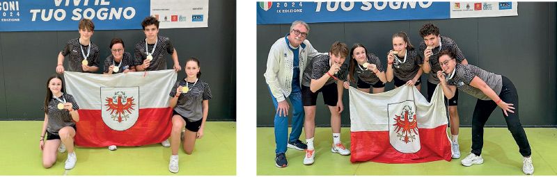 links: v. l.: Zangerle Eva Maria, Gurschler Anton, Claudia Nista, Telfser Adrian und Hellrigl Franzi; rechts: v. l.: FIBa Präsident Carlo Beninati, Anton Gurschler, Eva Maria Zangerle, Franzi Hellrigl, Adrian Telfser und Claudia Nista