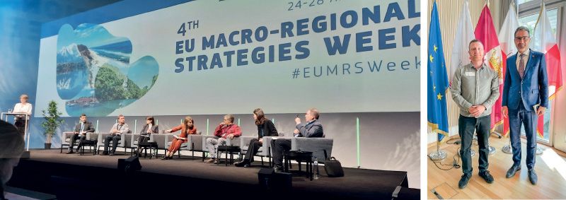 Beim European Regions Research and Innovation Network in Brüssel wurde BASIS als Best Practice-Beispiel präsentiert; Hannes Götsch bei einer Podiumsdiskussion in Brüssel und mit LH Arno Kompatscher bei den EU-Design Days