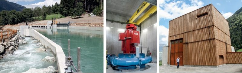 Die Fassung in Puntweil mit Fischtreppe und direkt an der Schweizer Grenze, das Krafthaus am Laatscher Sportplatz und die Turbine mit dem Generator: das Kraftwerk am Rambach ist mit 2,99 Megawatt mittlerer Nennleistung das größte nach den Großkraftwerken im Tal