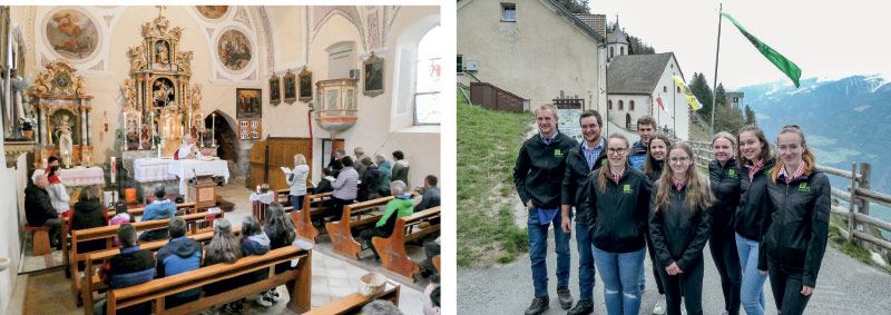 Pfarrer Johann Lanbacher feiert den Gottesdienst in der Wallfahrtskirche zum heiligen Martin. Zur Messe singt der Kirchenchor Latsch; Die Bauernjugend von St. Martin im Kofel sorgte für Speis, Trank und Unterhaltung. v. l. Martin Pixner, Manuel Wellenzohn, Marilena Holzknecht, Egon Telser, Maria Gamper, Lisa Gamper, Anja Gruber, Patrizia Gruber und Valeria Gruber