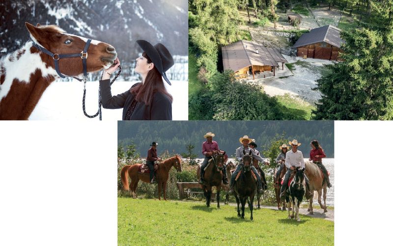 oben: Präsidentin des Pferdesportvereins Taufers i. M. Melanie Telser; rechts oben: Stall und Vereinslokal; rechts unten: Wanderritt am Haider See