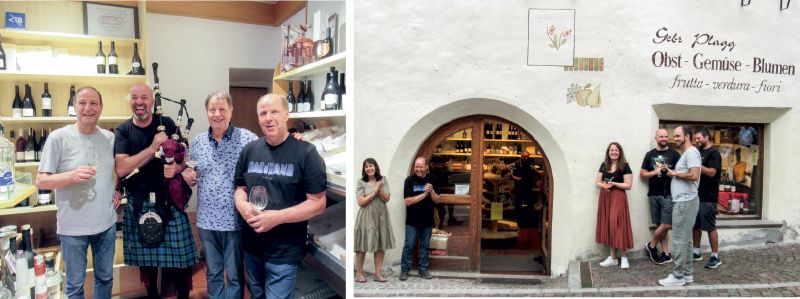 rechts: das Geschäft der Gebrüder Plagg im Dorfzentrum von Mals links: Hanspeter, Rudi Hölbling, Roland und Alfred Plagg