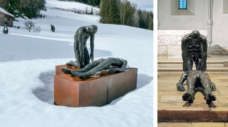 Die „umgekehrte“ Pietà am Eingang zu Anvidalfareis Wohnhaus in Ciaminades, Abtei; rechts: in der Ruprechtskirche in Wien, November 2021.