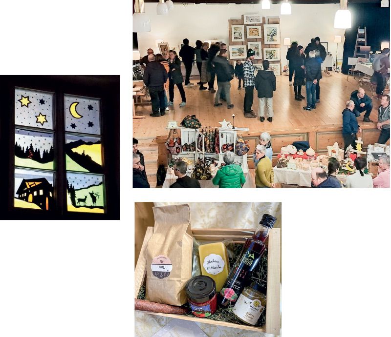 oben: Kreativausstellung am 1. Adventsonntag in St. Valentin a. d. H. links: Bei einem Rundgang durch Rifair und Taufers kann man viele originelle Fensterbilder bewundern; das Tauferer Adventkistl gefüllt mit lokalen Produkten, kann man beim Bildungsausschuss erwerben.