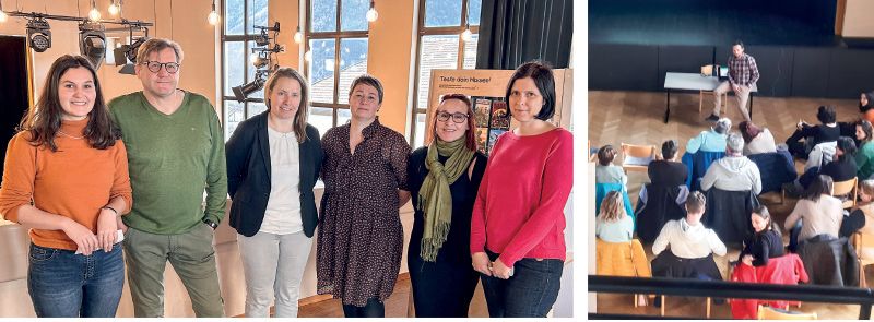Gemeinsam für ein besseres Verständnis digitaler Lebenswelten bei Kinder, Jugendlichen und Erwachsenen – v.l. Ingrid Kapeller (Forum Prävention), Ludwig Fabi (Bezirksservice Bildungsausschüsse), Doris Schönthaler (Direktorin Schulsprengel Mals), Angelika Pircher (Bildungsausschuss Glurns/Taufers), Gudrun Kuenrath (Bibliothek Mals), Marion Januth (Gemeinde Mals); rechts: Lehrerfortbildung mit Manuel Oberkalmsteiner