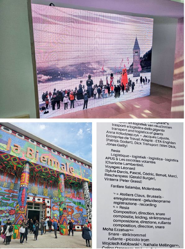 oben: Bildschirm mit Giganten am Turm unten: Hauptgebäude Biennale; Dankeswort an Reschensee