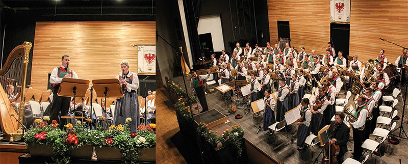 Für Höchstspannung sorgten die Solostimmen Gerd Wielander und Melanie Pichler. Schwierigkeitsstufe Schwer bewältigten sie mit Bravour; rechts: Wolfgang Schrötter war schon in den Jahren  2007 – 2015 Kapellmeister der BK Latsch und kehrte  2021 ans Dirigentenpult zurück