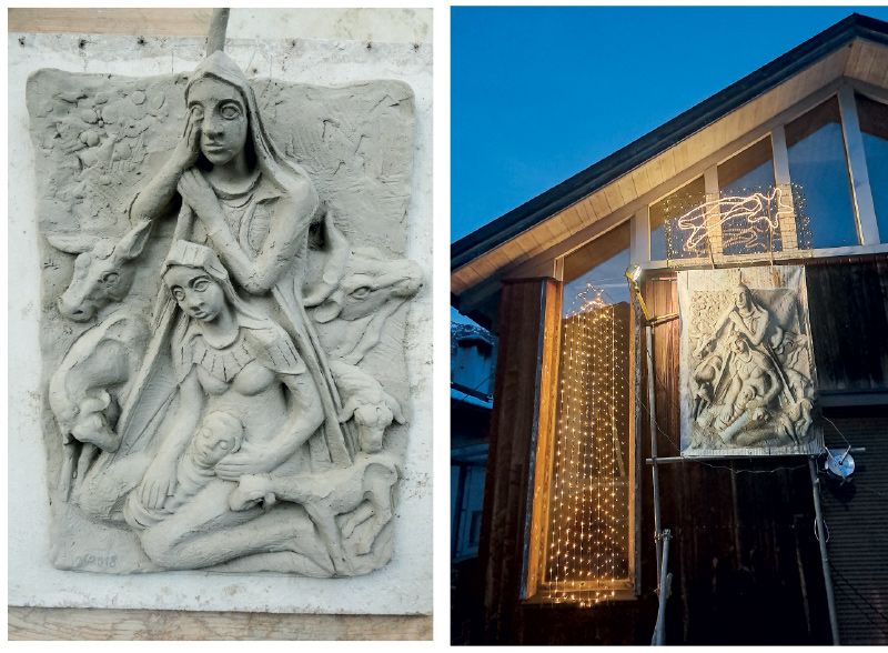 Tonrelief und Weihnachtskrippe am Atelier von Walter Kuenz in der Gand, Martell.