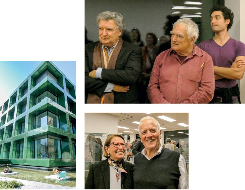 Das Bürogebäude der Firma Rizzi in Latsch mit dem spazioRizzi als Ausstellungsraum im Erdgeschoss; oben: v.l. Matthias, Herbert und Leander Schönweger; links: Christine und Walter Rizzi