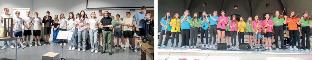 Die Klasse 3B vom Montessori-Zug an der Mittelschule Schlanders mit ihrer Klassenlehrerin Stefania Telser beim Abschlussfest. rechts: Schüler:innen vom Musik-Zug bei der Matinee auf dem Plawennpark.