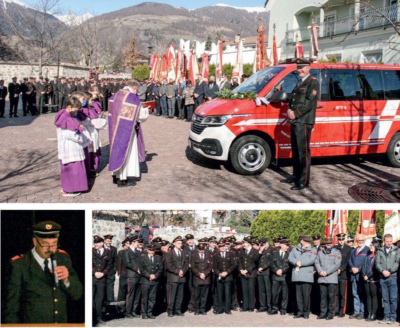 ober: Pfarrer und BFV-Kaplan Florian Öttl segnet das Mannschaftstransportfahrzeug nach dem Gottesdienst in der Malser Pfarrkirche; rechts im Bild: Bezirkspräsident Klaus Obwegeser; unten links: Bezirksfeuerwehrinspektor Peter Theiner bei seinem Bericht im Kultursaal
