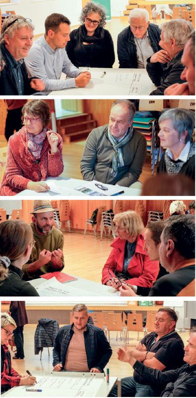 von Oben: Thementische für die Energie-Teams von oben:   „Energie“ unter der Leitung von Gabriel Prenner (Taufers);    „Sensibilisierung und Öffentlichkeitsarbeit unter der Leitung von Kunhilde von Marsoner (Schlanders);    „Biodiversität“ unter der leitung von Günther Wallnöfer (Mals);      „Mobilität“ Leitung Elisabeth Tappeiner (Kastelbell)
