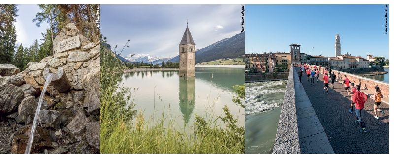 v.l.: die Etschquelle, Blick auf den historischen Kirchturm; die Teilnehmer laufen auch durch Verona