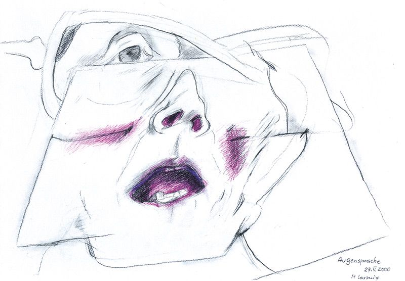 „Augensprache 27.V.2000 M Lassnig“ - Zeichnung auf der Einladungskarte von Schloss Kastelbell