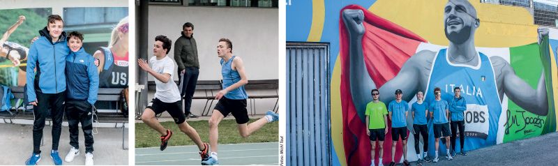 rechts: Hannes Kaserer, Katharina Gamper, Marcel Klotz, Jakob Pohl, Lukas Kofler, auf dem Bild hinten der schnellste Mann der Welt, Olympiasieger Lamont Marcell Jacobs ganz links: Hannes Kaserer und Martin Schütz
