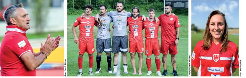 links: Erfolsgtrainer Harald Kiem; Mitte: Vinschger Europeada-Spieler, Stark Olaf, Rungg Ulrich, Piazzo Felix, Kiem Hannes, Rungg Armin, Physio Kobler Daniel (v.l.) rechts: Melanie Kuenrath