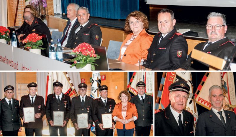 unten links: Das Verdienstkreuz in Gold für 40-jährige Mitgliedschaft erhielten v.l.: Elmar Niederfriniger, Rudi Lechthaler, Sieghard Horrer und Franz Eberhöfer, flankiert von Roman Horrer (links) und Rosi Pamer und Wolfi Gapp (rechts); unten rechts: Der langjährige Leiter der WK-Sektion Schlanders Fischer verabschiedete sich, mit Ehrenmitglied Franz Tappeiner (links)