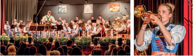 Mit 38 MusikantInnen trat die Musikkapelle Schnals auf die Bühne; rechts: Solistin Laura an der Trompete
