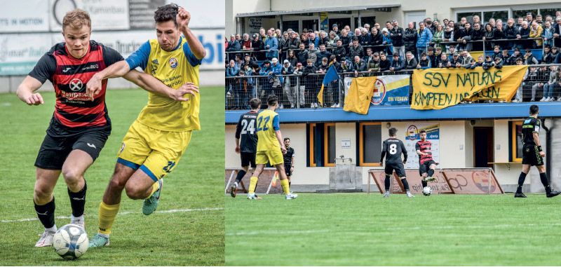 links: Das Duell Partschins (rot-schwarz) gegen Naturns wird es in der neuen Meisterschaft nicht geben; rechts: In der Vergangenheit lockte das Derby stets mehrere hundert Fußballfans an