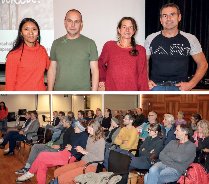 Gahli Egger, Manfred Gruber, Ingrid Völker, Markus Niederegger unten: Interessierte Zuhörerinnen und Zuhörer im Saal