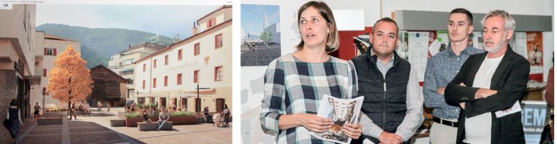So könnte der Kirchplatz in Latsch aussehen. Die Architektin Heike Pohl hat den Ideenwettbewerb gewonnen und ihre Ideen vorgestellt; v. l.: Heike Pohl, BM Mauro Dalla Barba, Referent Manuel Platzgummer und der Präsident der Jury Arch. Roland Baldi