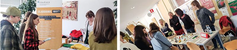 links: Informationsaustausch zu sozialen Berufen und Einrichtungen am Sozialwissenschaftlichen Gymnasium des OSZ Mals. Der sog. „SOGYM-Tag“ fand allseits großen Zuspruch und Interesse, auch beim Stand der „Claudiana“; rechts: Auch Maria Thomann und Roman Altstätter vom Sozialsprengel Ober- und Mittelvinschgau boten gemeinsam mit weiteren Vertreterinnen den Schüler*innen am „SOGYM-Tag“ Informationen aus erster Hand.