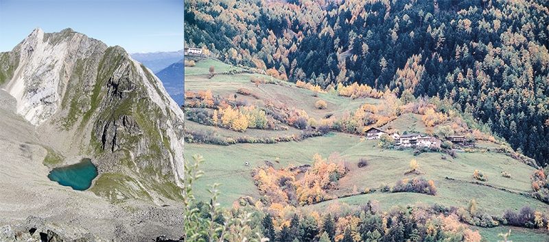 links: Beispiel Naturlandschaft in der A- oder Kernzone: Jennwand mit Göflaner See vom Marteller Grat aus. rechts: Höfe am Marteller Sonnenberg im Herbst als Beispiel für gepflegte Kulturlandschaft im Nationalpark.