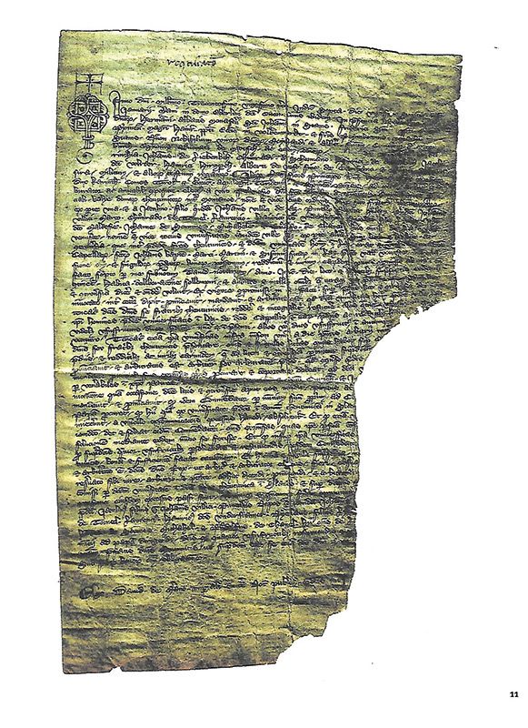 Urkunde von 1323, bzw. einen Ausschnitt davon, mit dem „Briefkopf“ des Notars David von Meran, den er seinen, von ihm verfassten Urkunden, voranstellte.
