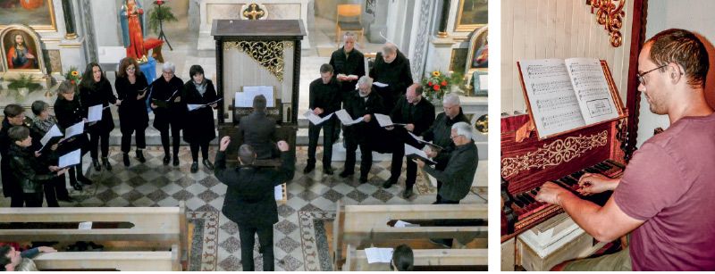 Die Marienberger Chöre singen „Terribilis est locus iste“ von Blasius Ammon (1558 – 90) unter der Leitung von Lukas Punter. An der Orgel spielt Marian Polin; rechts: Lukas Punter an der Hausorgel im elterlichen Wohnhaus in Planeil