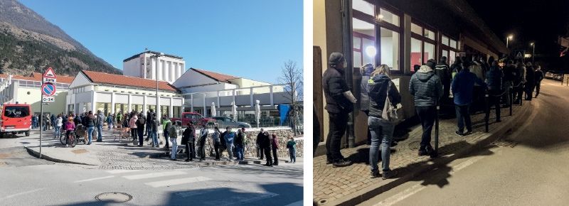 Wartende vor dem Testzentrum in Schlanders und Wartende vor dem Geroldsaal in Partschins am 28.02.2021
