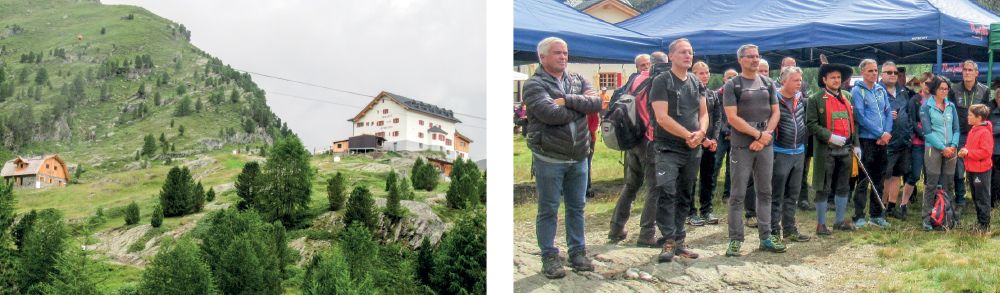 links: Links im Bild das neu aufgebaute Museum Badhaus und rechts die sanierte Zufallhütte. rechts: v.l.: Sepp Noggler, Massimo Bessone, Arno Kompatscher, Georg Altstätter, Gottfried Lechthaler, Richard Theiner, Dieter Pinggera, Heidi Gamper, Hanspeter Gunsch. Anwesend war das Schützenbataillion „Martin Teimer“, die Einweihung erfolgte durch Pfarrer Johann Lanbacher, für die musikalische Umrahmung sorgten die Musikkapelle Martell und David Frank auf seiner steirischen Harmonika.