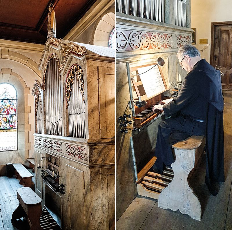 links: Die restaurierte und neu eingebaute Orgel in Maria Lourdes bei Laas; rechts: Pater Urban Stillhard vom Benediktinerstift Muri Gries in Bozen
